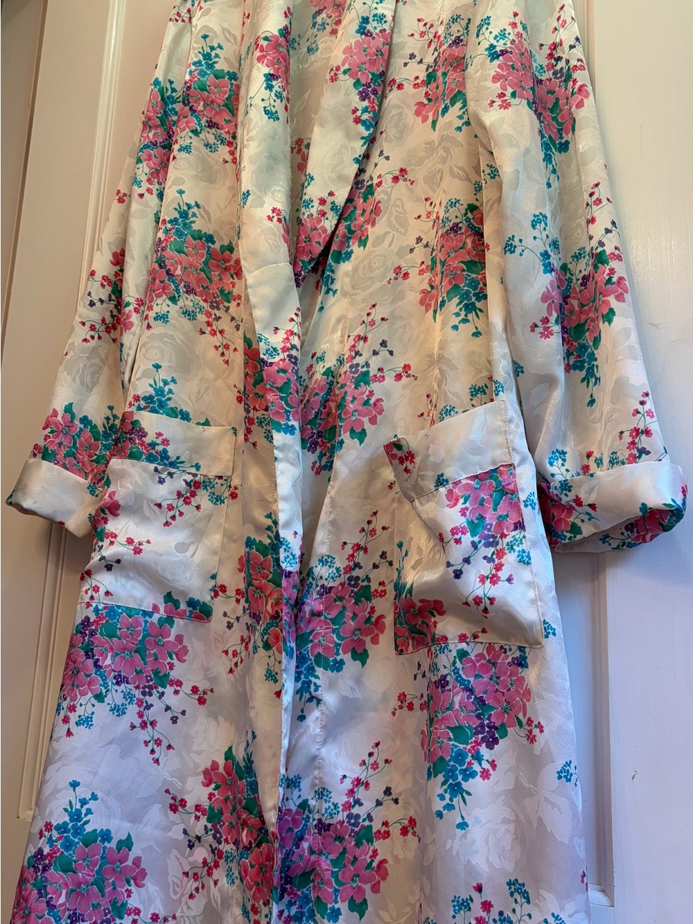 Vintage Kathryn Floral Robe Floral Pink Teal Silk-Like Girlcore Grandma X1